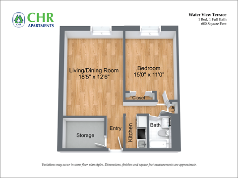 Floor plan for 1 bed, 1 bath, 700 sqft